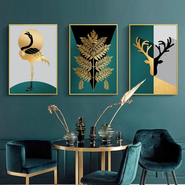 Golden Geometric Leaf Deer Wall Art Canvas Abstract Painting Nordic Posters and Prints Wall Pictures for Living Room Home Decor