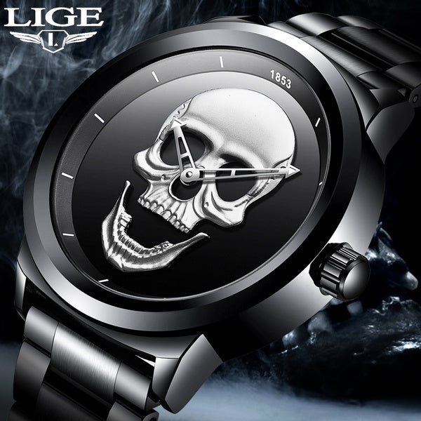 LIGE marque Cool punk style Pirate squelette crâne Quartz hommes montres maille acier sport noir montre hommes Relogio Masculino + boîte