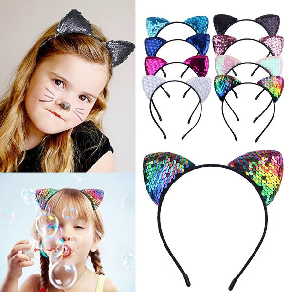 Reversible Sequin Cat Ears Headband Shiny Cat Ear Hair Hoops Cute Bling Kitty Hairband Hair Accessories for Women Girls Daily Wearing and Party Decor