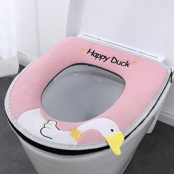 Universal Happy Duck Warm Toilet Cover Seat Lid Top Cover Pad Bathroom Warmer Toilet Seat Bowl Soft Zipper Washable Toilet Seat Cover