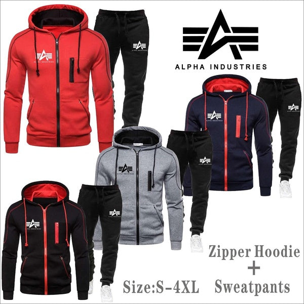 Newest Sports Suit ALPHA Industries Men's and Women's Set of Casual Street Fashion Zip Hoodie and Jogging Pants S-4XL