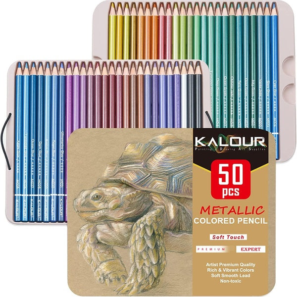 50 Piece Metallic Colored Pencils for Adult Coloring,Soft Core with Vibrant Color,Ideal for Drawing Blending Sketching Shading,Coloring Pencils for A