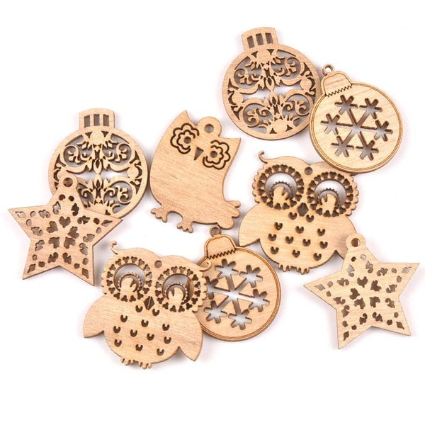 10Pcs Christmas Ball-Owl-star Cutouts Natural Wooden Ornaments Wood Decoration DIY Crafts Scrapbooking Embellishments MT1848