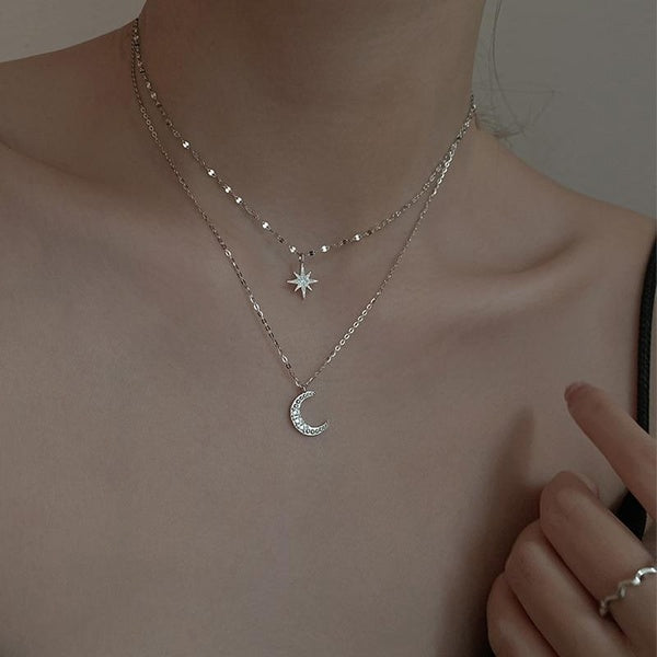 Hot 925 Sterling Silver Double Layer Simple Stars Choker Shiny Zircon Moon Pendants Necklaces Girl Gift Fine Accessories NK092