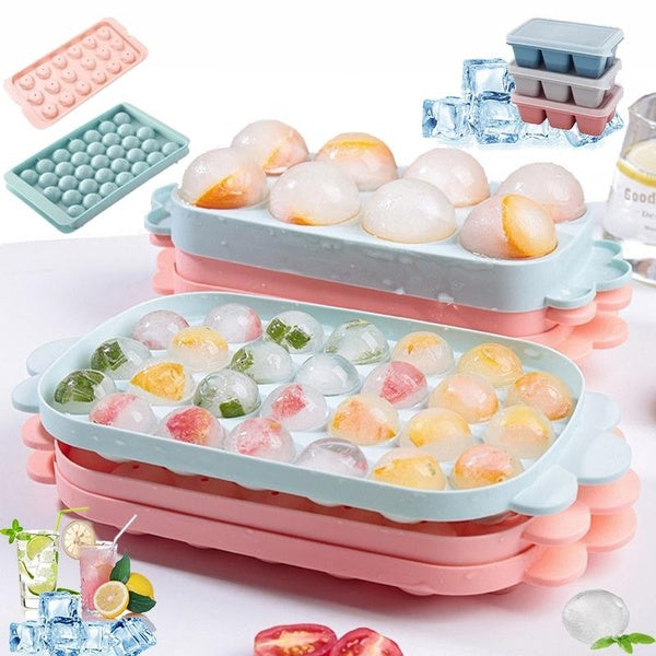 Summer Silicone Ice Cube Mold 6-8-18-26-33 Grid Ice Cube Tray Round Candy Shape Cone Dice Shape DIY Ice Maker with Lid, Easy Release Reusable