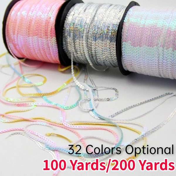 100Yards-200 Yards 4-6mm Loose Round Flat Laser Glitter Paillettes Sequins Crafts String Rolls Sewing On Garment Cloth Accessories Sequin Trim