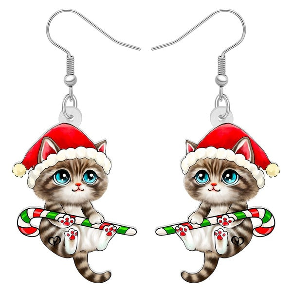 Boucles d'oreilles pendantes en acrylique avec chapeau de Noël, chat, chaton, canne à sucre, bijoux de fête de famille, décorations pour femmes, fill