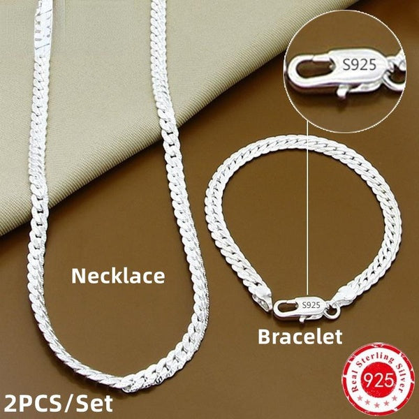 2 pièces-ensemble 925 argent Sterling 8-16-18-20-22-24 pouces 5mm chaîne latérale collier Bracelet pour femmes hommes mode charme mariage ensemble de