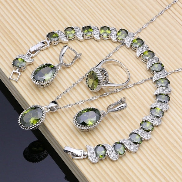 Olive Green Topaz Jewelry Sets Women 925 Sterling Silver Jewelry Earrings-Pendant-Necklace-Rings-Bracelet