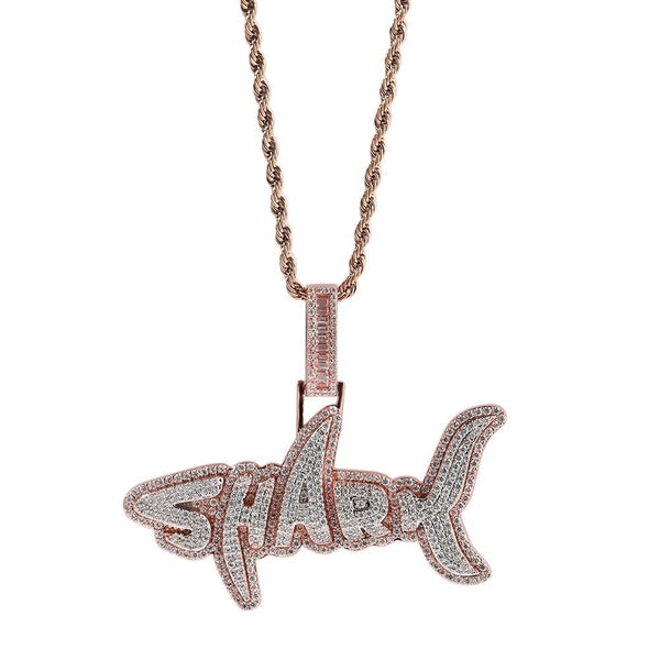 Hip Hop Jewelry Shark Pendant Necklace Gold Filled Pave Colorful CZ Zircon Bling Necklace With 24inch Twist Chain Rapper Accessories Gift Matron Inn
