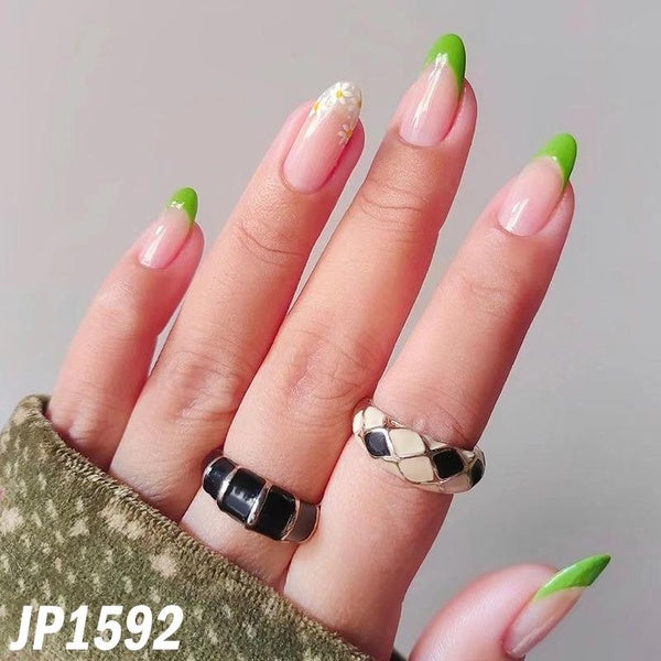 Small Flower Light Green False Nails for Summer French Simple Blue Glitter Powder Starlight Press On Nails Olive Green Whitening Fake Nails with Glue