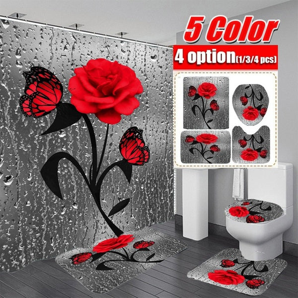 5 Color 3D Printing Butterfly Rose Pattern Bathroom Decoration Waterproof Bathroom Shower Curtain Mats Rugs Set Non-Slip Bathroom Carpets Toilet Lid