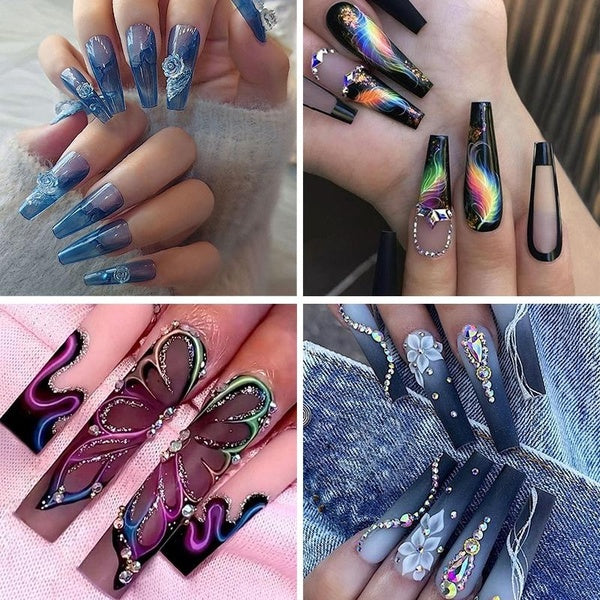 3D Fake Nails Rainbow Feather with Glitter Diamond Designs Faux Ongles Gradual Camellia Press on Nails Beautiful butterfly Acrylic False Nail Art Sup