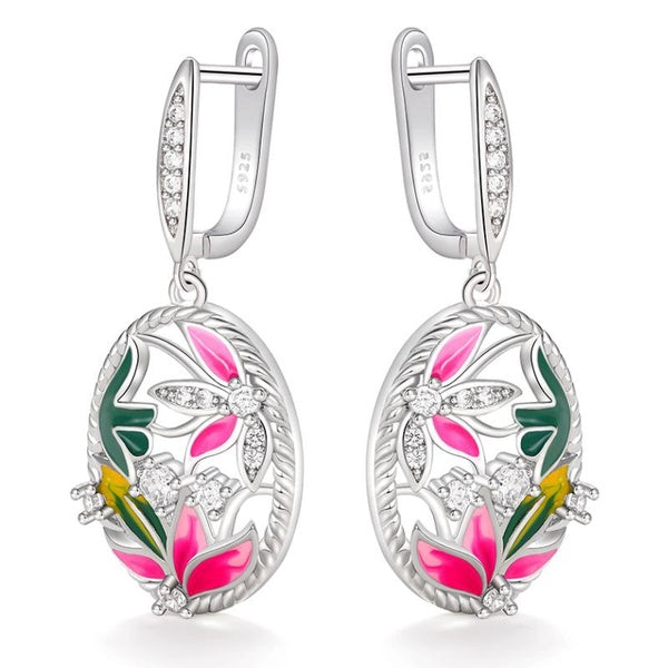 Boucles d'oreilles de mariage exquises, boucles d'oreilles pendantes ovales à feuilles vertes et fleurs roses pour femmes, bijoux à la mode