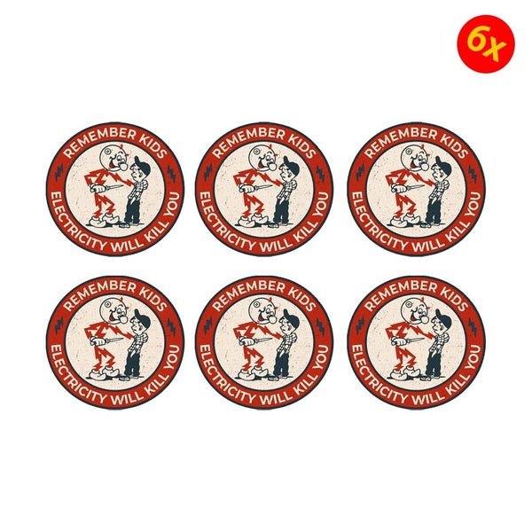 Pack of 6 3Inch Remember Kids Electricity Will Kill You Sticker Reddy Kilowatt Warning Caution Funny Stickers for Electrician Hard Hat Laptop Water B