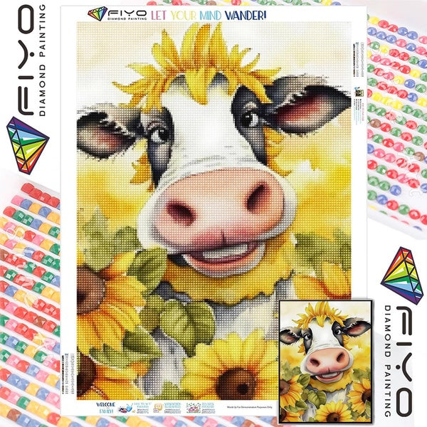FIYO Sunflower and Cow DIY 5D Diamond Painting Full Drill with Number Kits Home and Kitchen Fashion Mosaic Diamond Painting Canvas Wall Decoration Gi