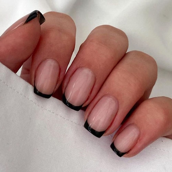 Square French Fake Nails Tips Press on Nails Short Cute Women's Black Line Design False Nails Daily Wear Artificial Nails for Women and Girls 24Pcs