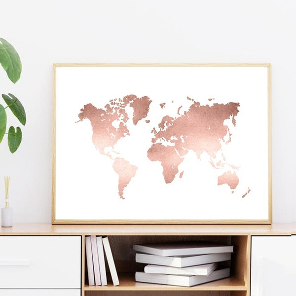 Rose Gold World Map Canvas Posters and Prints Modern Minimalism Office Wall Art Painting Nordic Decorative Pictures for Living Room Bedroom Home Deco