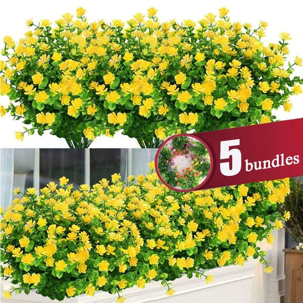 5Bundles Artificial Flowers Fake Plants Faux Plastic Greenery for Indoor Outside Garden Porch Window Box Home Wedding Farmhouse Decor