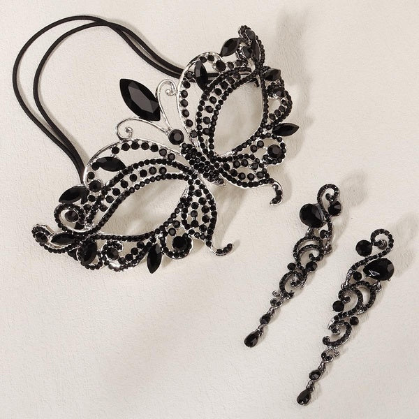 Halloween Princess Black Crystal Diamante Eye Face Mask Dangle Earrings Set, European and American Wedding Party Dance Mask Earrings Jewelry