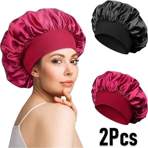 2Pcs-Set Artificial Silk Bonnet for Sleeping, Satin Hair Bonnets, Soft Elastic Band Silk Sleep Cap, Silk Hair Wrap for Natural and Curly Hair