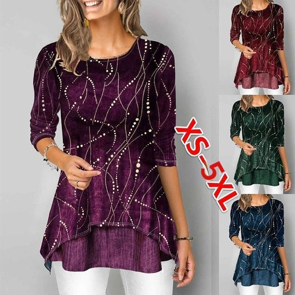 XS-5XL femmes mode imprimé chemises décontracté col rond manches 3-4 chemises grande taille pull Patchwork Blouses