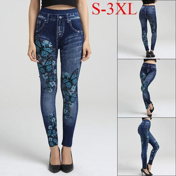 Fashion Euramerican Style Seamless Cotton Print Jeans Women High-waist Slim Denim Leggings S-3XL.