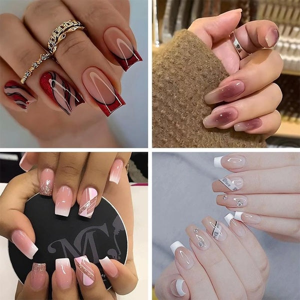 French Red Wave False Nails White Diamond Inlay Wearable Nails Geometric Graphics Glitter Powder Fake Nails Fake Nails With Glue