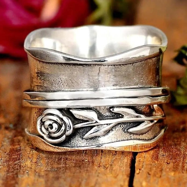 Trendy Silver Plated Rose Flower Wide Rings for Women Bohemian Daily Casual Accessories Size 6-13 Matron Inn