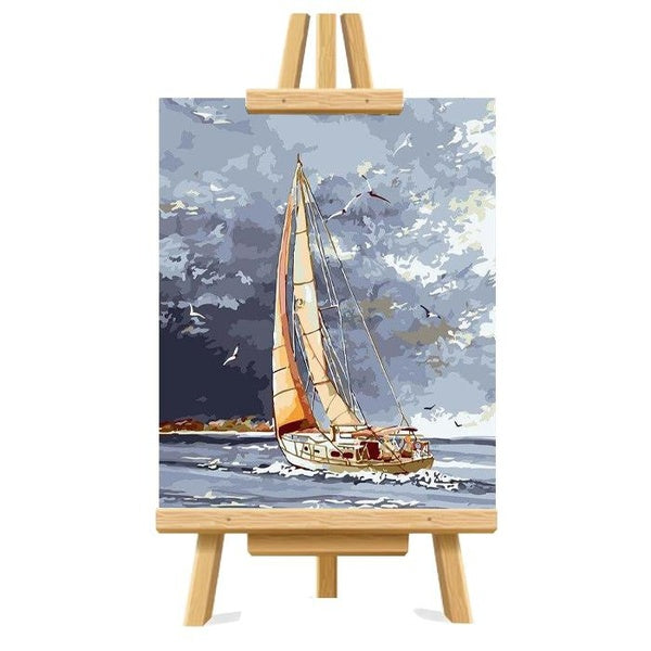 （Sailboat With Brushes Oil Painting）FIYO Diy Oil Paint by Numbers Kits for Adults and Kids Beginner on Canvas Fashion Oil Painting Wall Art for Gift(