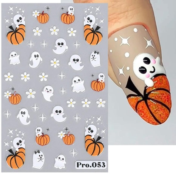 Halloween Ghost Pumpkin Nail Sticker 5D Embossed Star Spider Web Skull Rose Floral Cartoon Winter Festival Manicure Decoration