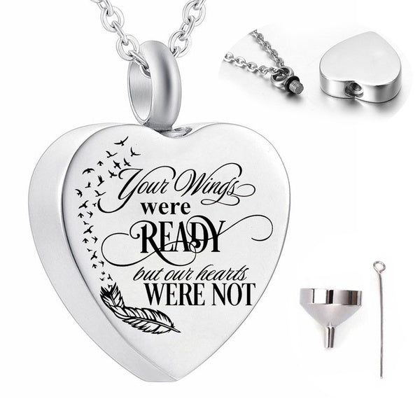 Heart Cremation Urn Necklace for Ashes Urn Jewelry Memorial Pendant with Fill Kit and Gift Velvet Bag - Your wings were ready but our hearts were not