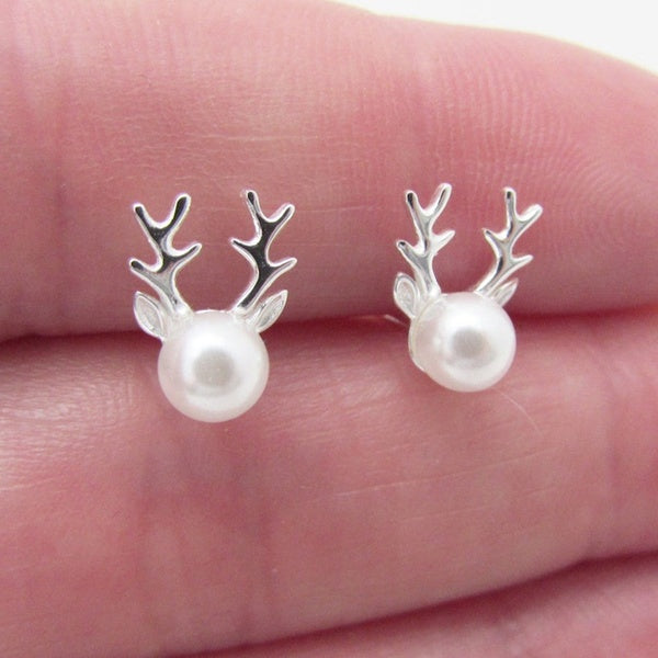 Sterling Silver color Pearl Reindeer Earrings, Reindeer Earrings, Reindeer Jewellery, Christmas Earrings, Christmas Holidays Jewellery