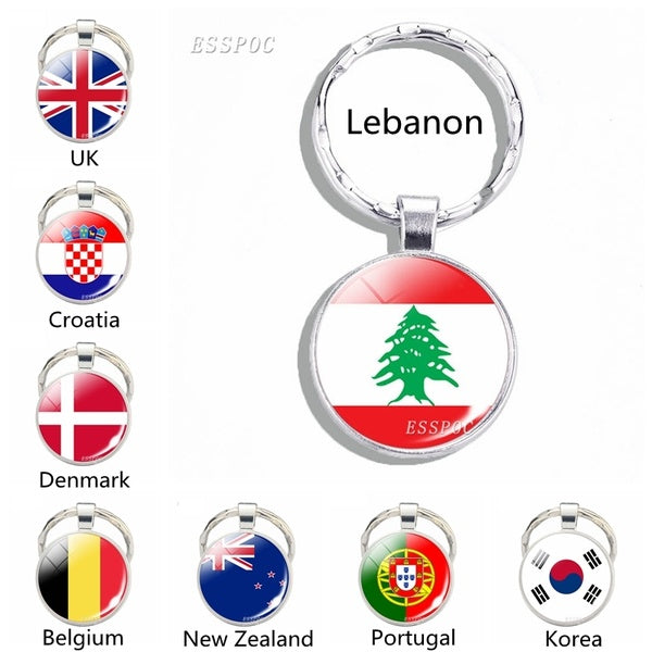 UK Lebanon Portugal Flag Glass Cabochon Metal Keychain Souvenir Gift National Flag Keyring Car Keyring Bag Charms
