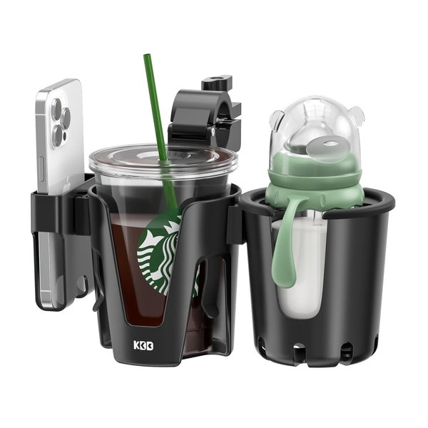 Stroller Cup Holder with Phone Holder, 3-in-1 Removable Bottle Holder, 360 Degrees Rotation Drink Holder for Wheelchair, Stroller, Bike, Walker, Scoo