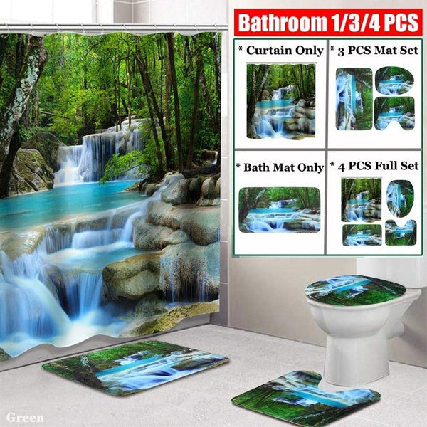 1-3-4Pcs Bathroom Set 3D Waterfall Scenery Waterproof Shower Curtain Anti-slip Bath Mats Carpets Pedestal Rugs Toilet Seat Cover(Color:Green)