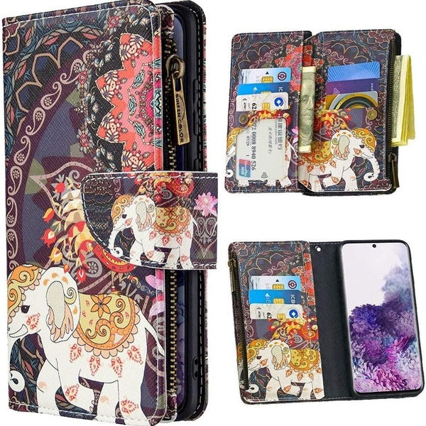 Étui portefeuille pour iPhone 14, fleur éléphant motif PU cuir fermeture éclair sac à main 9 emplacements pour cartes étui de téléphone avec dragonne