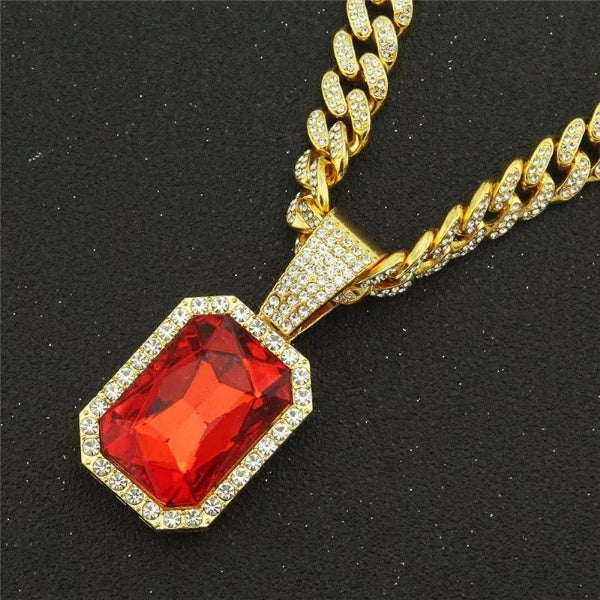 Hip Hop Rap Red Crystal Pendant Jewelry Men Necklace Gold Chain Pop Hipster Cuban Full Diamond Necklace for Men-Women Hip Hop Jewellery