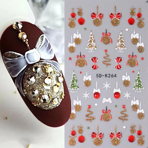 5D Gold Glitter Christmas Nail Stickers Winter Tree Snowflake Lantern Gonk Bear Embossed Slider Xmas Engraved Nail Accessories