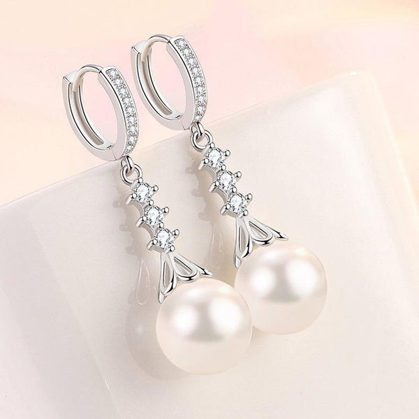 Boucles d'oreilles en perles de 12MM Boucles d'oreilles en argent sterling 925 avec zircon cubique Boucles d'oreilles pendantes longues Bijoux de mod