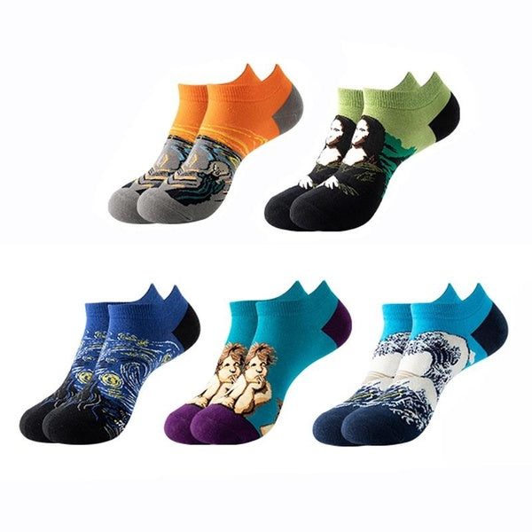 5 Pairs Men's Short-tube Cotton Socks Colorful Oil Painting Pattern Fashion Socks Men