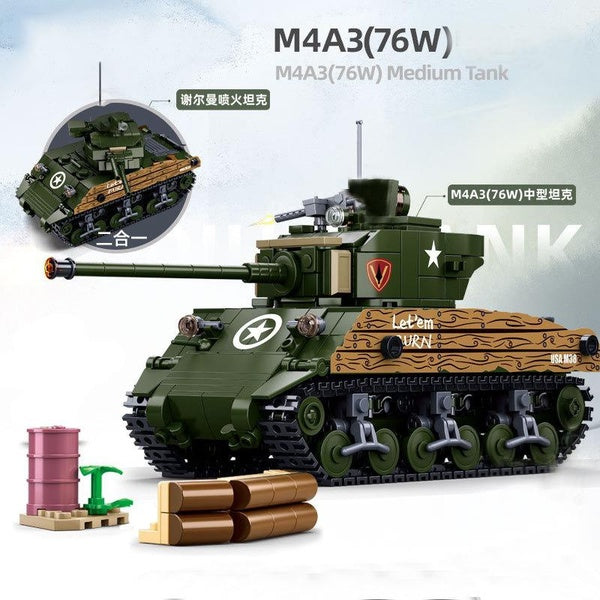 WW2 Military Model M4A3 (76W) Sherman Medium Tank Collect Ornaments Building Blocks Bricks Toys Gifts