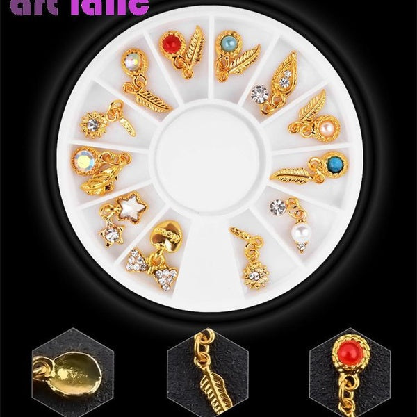 12pcs wheel Metal Feather Tassel Pendant Nail Art Decoration Alloy Jewelry Charms Accessories