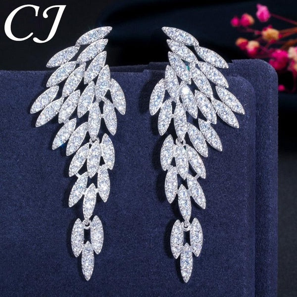 CANDICE Unique Argent Placage Symétrique Forme D'aile Longue Goutte Boucles D'oreilles Plein Incrusté AAA Cubic Zircon Pierres Femmes Designer Banque