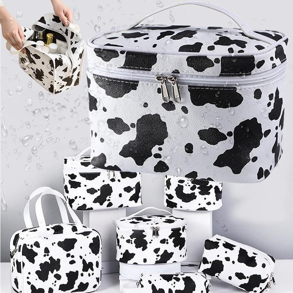 PU Leather Waterproof Makeup Bag Travel Cosmetic Bag Cow Print Makeup Bag Gifts for Girl Women Bag Organizer with Zipper Portable Makeup Case Cute To