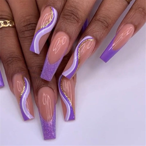 Fake Nials Art Purple French Coffin False Nail Press On Nails Fashion Ballerina Fake Nails with Glitter Lines Design Manicure Patches