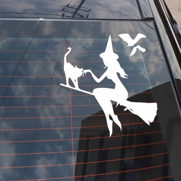 13.9CM*14.9CM Witch On Broomstick With Cat & Bats Car Sticker Vinyl Decal Black Silver C10-02420