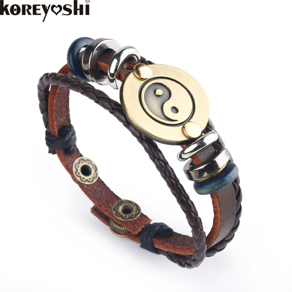 2017 new Fashion Taiji Leather Bracelet Punk Bronze Beads Alloy Brown rivet Charm Bracelets for Men Rope Jewelry Gift bileklik