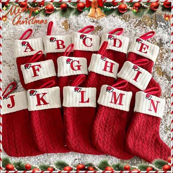 1pc Christmas Supplies Decorative, Knitted Socks Stockings Embroidery Candy Gift Bag Alphabet Christmas Socks Gift Bag, Scene Decor, Room Decor, Home