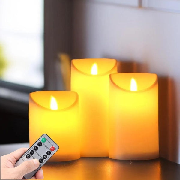 Flameless Candle: Plastic Finish, Unscented Moving Wick Flame Candle with Timer Non Wax. (H 4" 5" 6" x D 3") Battery Operated White